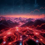 Wizualizacja cyfrowego krajobrazu z górskimi szczytami w tle i skomplikowanymi, świecącymi obwodami elektronicznymi na pierwszym planie.