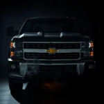 Ciemny Chevrolet Silverado z bliska, prezentujący się z przodu na ciemnym tle z dymem i ognistymi refleksami unoszącymi się z przodu.