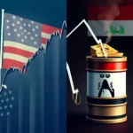 Dzielony obraz przedstawiający flagę USA i wykres wznoszący się po lewej stronie, podczas gdy po prawej stronie flagę Iraku i beczkę ropy naftowej z wizerunkiem przypominającym kowboja, spadający wykres, złoto i dym.