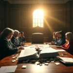 Grupa ludzi w garniturach siedzi przy drewnianym stole konferencyjnym, na którym leży rozerwana umowa o poufności, a w tle za nimi znajduje się ogromne, półokrągłe okno z którego pada intensywne światło.