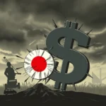 Symbol dolara amerykańskiego pokryty kolcami i za nim okrąg z flagą Japonii, również obsypany kolcami, za którymi znajduje się postać z karabinem maszynowym na wózku i samochód.