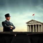Mężczyzna w cylindrze i garniturze stoi ze skrzyżowanymi ramionami na tle budynku z kolumnami i flagą.