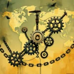 Stylizowana grafika z motywami steampunk, przedstawiająca mechanizm złożony z zębatek i łańcuchów, umieszczony na tle stylizowanej mapy świata.