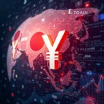 Grafika przedstawia ogromny symbol japońskiej waluty, jena (¥), na tle podświetlonej mapy świata, na której zaznaczona jest Japonia. Obraz ma charakter technologiczny i finansowy, z widocznymi wykresami, danymi i cyfrowymi elementami tła, sugerującymi globalny handel i gospodarkę.