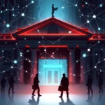 Sylwetki ludzi stoją przed budynkiem banku oświetlonym neonowym światłem, z połączonymi liniami i punktami symbolizującymi sieć danych. Na dachu budynku stoi samotna postać z książką.