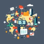 Grafika przedstawia abstrakcyjny świat finansów i globalnej gospodarki, w którym elementy takie jak mapa świata, wykresy, ikony komputerowe, samochody, pieniądze i dane są połączone w jeden motyw.