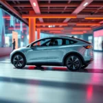 Srebrny samochód elektryczny stojący w nowoczesnej, jasnej przestrzeni z czerwonymi neonowymi światłami.