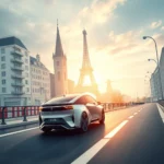 Srebrny samochód elektryczny jedzie po moście w Paryżu z Wieżą Eiffla w tle podczas zachodu słońca.