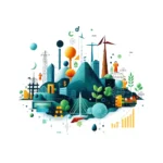 Ilustracja przedstawia abstrakcyjną, kolorową scenę miasta z elementami symbolizującymi technologię, naturę i finanse. W centrum dominują góry porośnięte zielenią i kilka budynków, przypominających drapacze chmur. W krajobrazie widać także turbiny wiatrowe, wieże energetyczne, most oraz latarnie w kształcie kuli. Symbolika jest bogata, obejmuje m.in. zielone liście i drzewa (natura, ekologia), symbole walutowe i wykresy słupkowe (finanse, wzrost), a także schematyczne postacie ludzi (społeczność, interakcja). Całość tworzy dynamiczną i nowoczesną wizję rozwoju miasta, łączącą postęp technologiczny z dbałością o środowisko i dobrobyt społeczny.