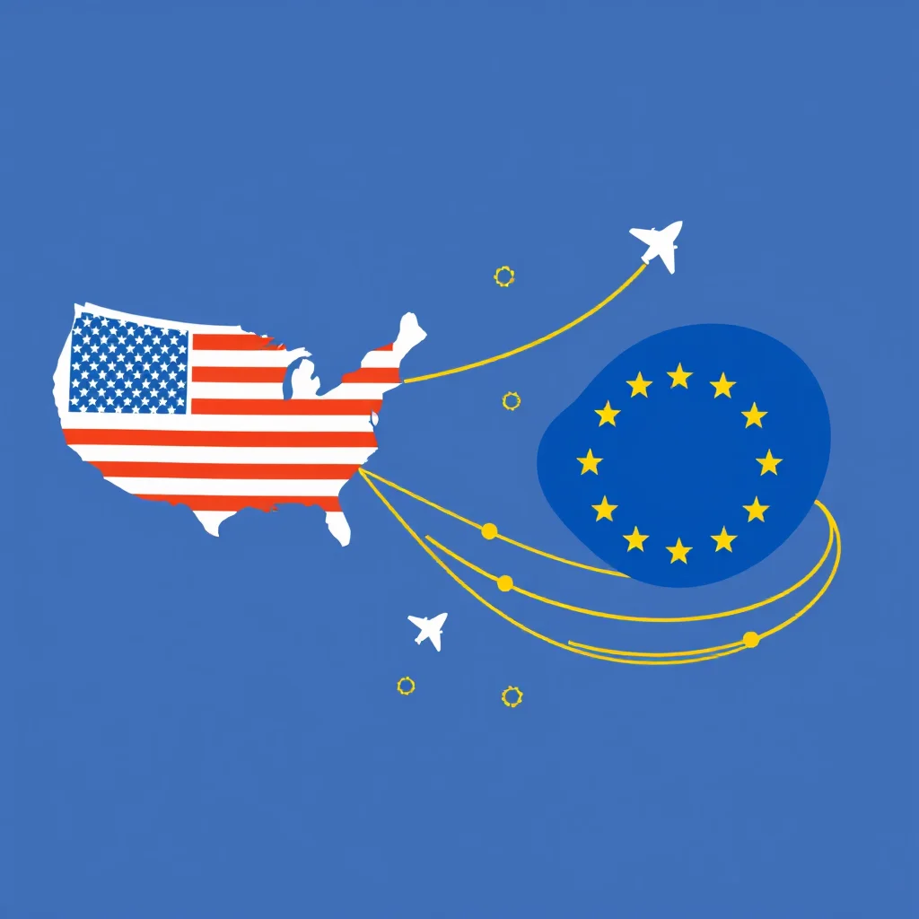 Ilustracja przedstawia mapę Stanów Zjednoczonych z flagą USA, która połączona jest żółtymi liniami z symbolizującą Unię Europejską niebieską tarczą z gwiazdami. Dwa białe samoloty lecą między Stanami Zjednoczonymi a Unią Europejską.