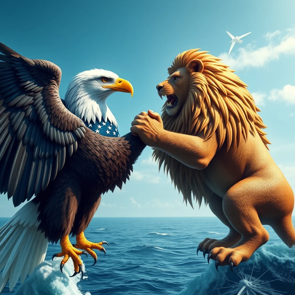 Orzeł symbolizujący USA i lew w siłowaniu się na morzu.