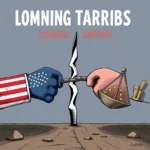 Ilustracja karykaturalna przedstawiająca dwie ręce zaciskające liny tworzące łuk. Lewa ręka ubrana jest w rękawicę z flagą Stanów Zjednoczonych, a prawa w rękawicę trzymającą wagę z symbolem Unii Europejskiej. Łuk jest złamany i zniszczony. Nad łukiem widnieje napis "ŁOMNING TARRIBS".