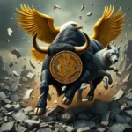 Byk z rozłożonymi złotymi skrzydłami, z wizerunkiem Bitcoina na czole, biegnie obok wilka pośród rozpadających się skał i rozsypanych banknotów.