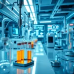 Szklane probówki z żółtym płynem stoją na tacce laboratoryjnej w nowoczesnym, jasno oświetlonym laboratorium.