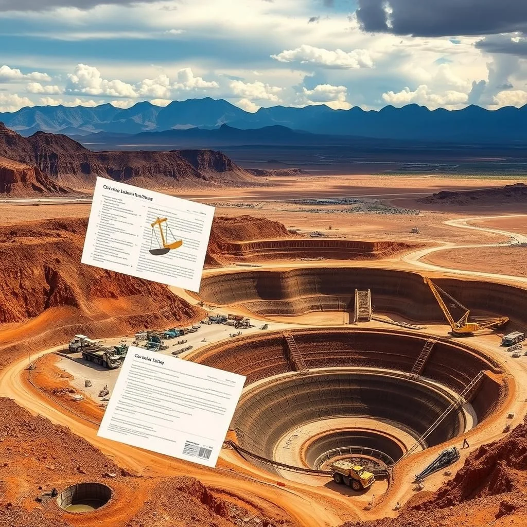 Widok z lotu ptaka na wielką kopalnię odkrywkową w suchym, pustynnym krajobrazie z górami w tle, z dwoma dokumentami unoszącymi się w powietrzu nad kopalnią.