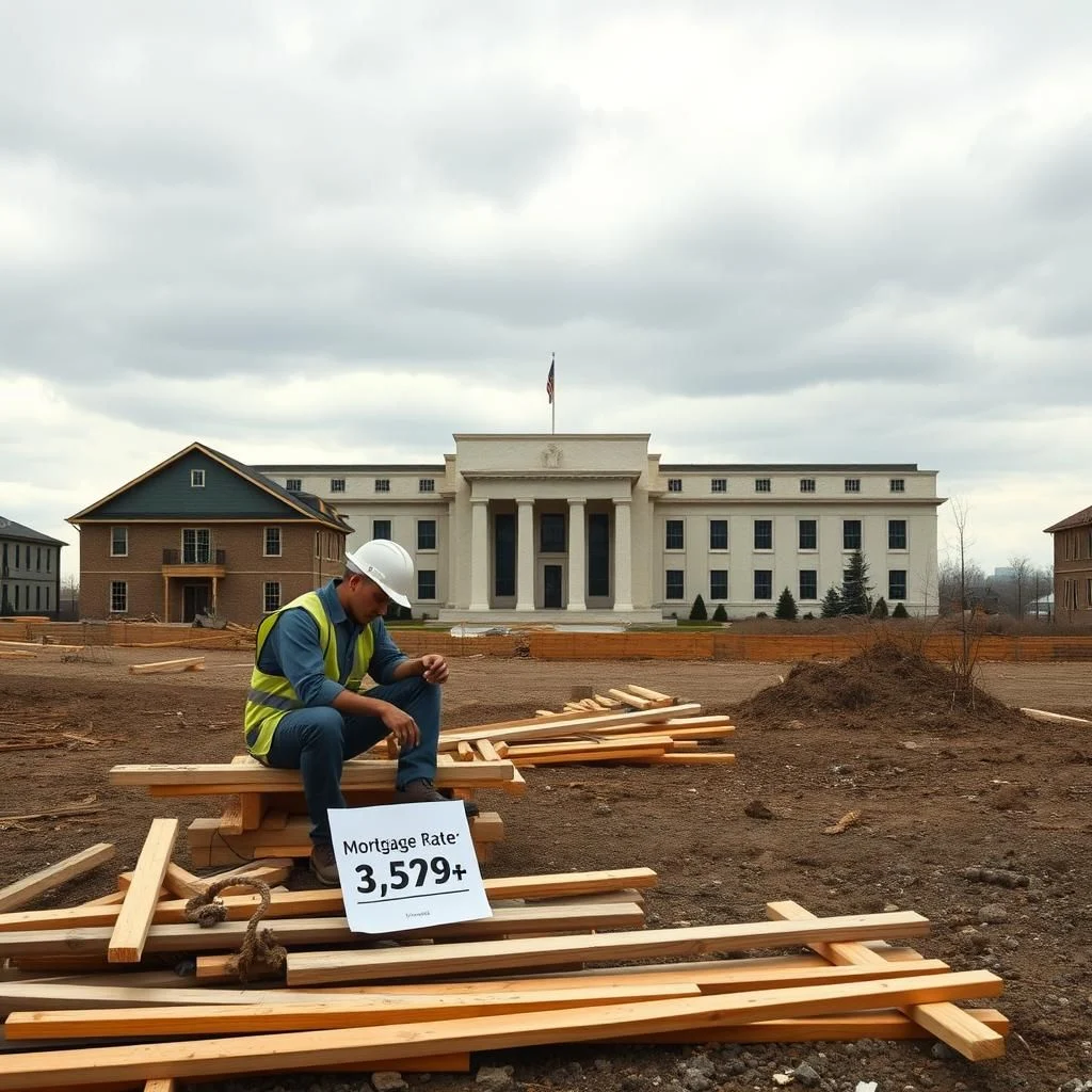 Robotnik w kamizelce odblaskowej i kasku siedzi na kupie drewna na budowie, przed budynkiem z kolumnami i flagą.