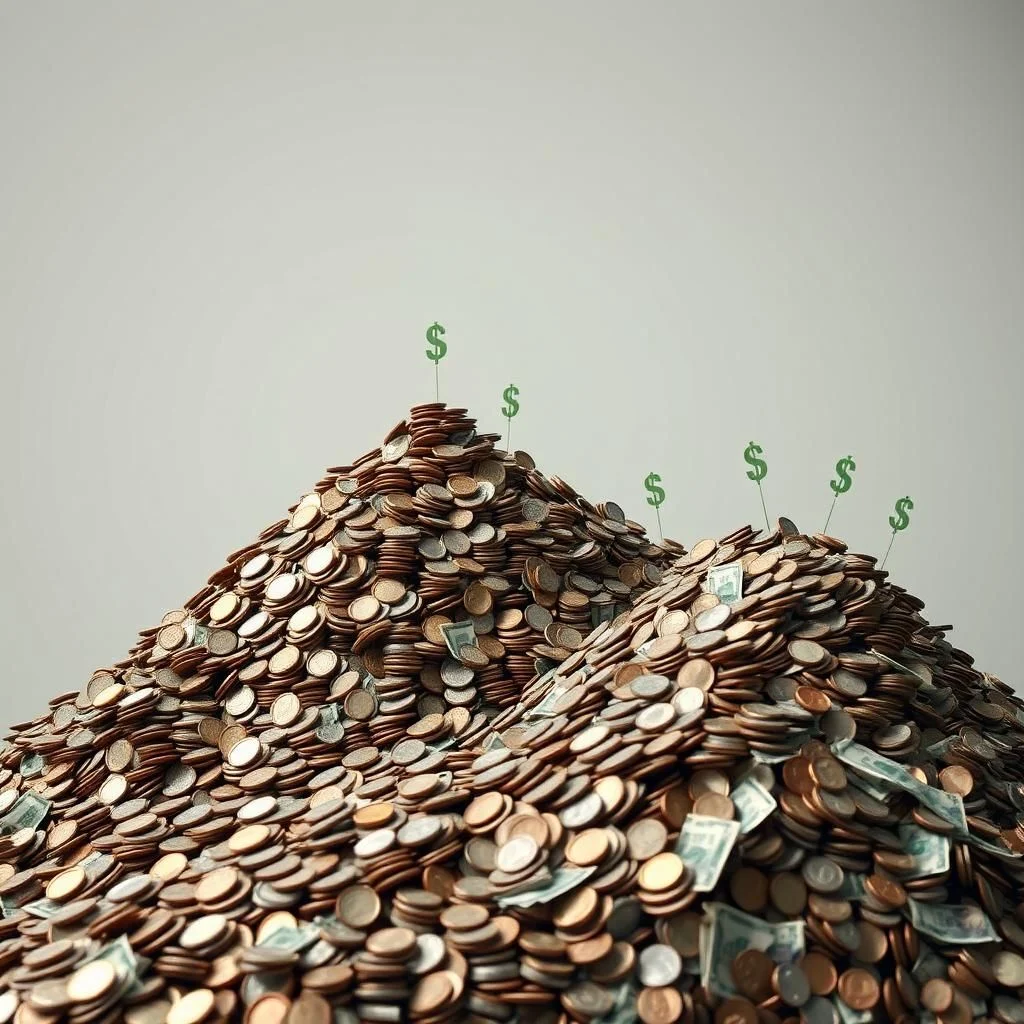 Góra monet ze znakami dolara sterczącymi ze szczytów na tle jasnoszarego nieba.