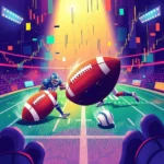Ilustracja przedstawia pole do gry w futbol amerykański z kilkoma gigantycznymi piłkami do futbolu amerykańskiego i mniejszą piłką do baseballu, zawodnicy w niebieskich i czerwonych strojach rywalizują na polu, podczas gdy na ekranach w tle wyświetlane są wykresy giełdowe.