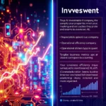Wygenerowany obraz przedstawia wizualizację danych finansowych z elementami sztucznej inteligencji. Na pierwszym planie po lewej stronie widać schemat obwodów elektronicznych w jaskrawych kolorach, przeplatany z białymi wykresami strzałkowymi symbolizującymi wzrost. W tle znajdują się futurystyczne, świecące budynki, przypominające wieżowce. Po prawej stronie znajduje się ciemny prostokąt z tekstem, podzielonym na sekcje. W górnej części znajduje się tytuł "Invveswent". Poniżej jest akapit tekstu, który wydaje się być zestawieniem różnych fraz związanych z inwestowaniem i technologią. Następnie widnieje lista punktowana z hasłami takimi jak "Inspectatiols apbord ouc company" i "Operational efficiency company". Dalej jest kolejny akapit tekstu, a pod nim wykres słupkowy przedstawiający wzrost w czasie, z zaznaczoną osią od 0 do 20+. Na samym dole znajduje się nazwa "Forturset 221 - 2022" oraz legenda z niebieskim prostokątem i tekstem "Cloney, Jorabe 3.3 trios". Całość tworzy nowoczesną, technologiczną estetykę.