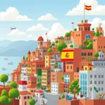 Ilustracja przedstawiająca miasteczko z budynkami w żywych kolorach z czerwonymi dachami, wznoszące się po zboczu wzgórza w kierunku morza. W tle widoczne jest spokojne, błękitne morze, kilka łodzi, a nad nimi samolot. Na szczycie wzgórza dumnie powiewa hiszpańska flaga. Na budynkach również widoczne są flagi Hiszpanii i oznaczenie "SAPUCCIO". Pośród domów rosną bujne drzewa. W dolnej części obrazu znajdują się nowoczesne budynki, wiatrak i kilka osób spacerujących po ulicy. Styl ilustracji jest kreskówkowy i pełen kolorów.