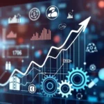 Wykres liniowy z białymi liniami na ciemnoniebieskim tle, pokazujący wzrost od lewej do prawej. Na wykresie znajduje się wiele ikon związanych z finansami i technologią, takich jak symbole dolara, wykresy słupkowe, kilka kół zębatych i ikonę domu.